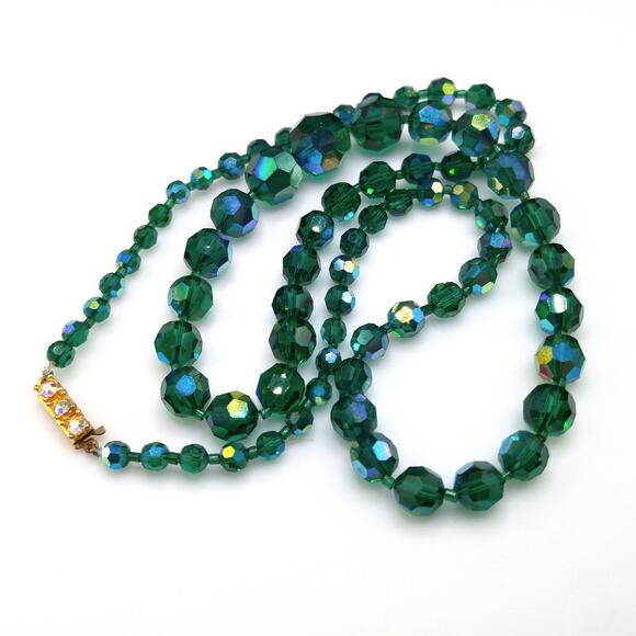 Dark Green Crystal Necklace, Aurora Borealis, Rhinestone Clasp, 1960s Vintage - Picture 2 of 10